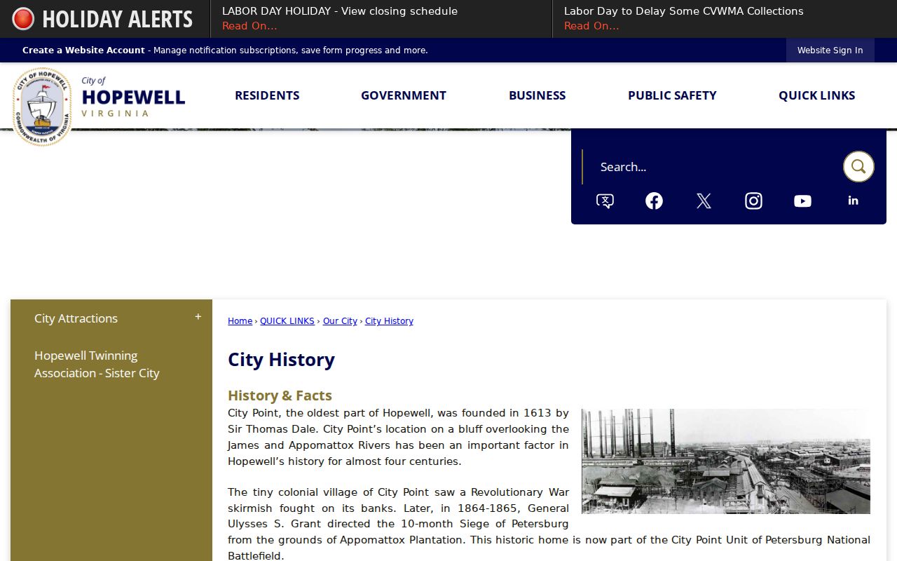 Hopewell city directory historical context from the City History reference