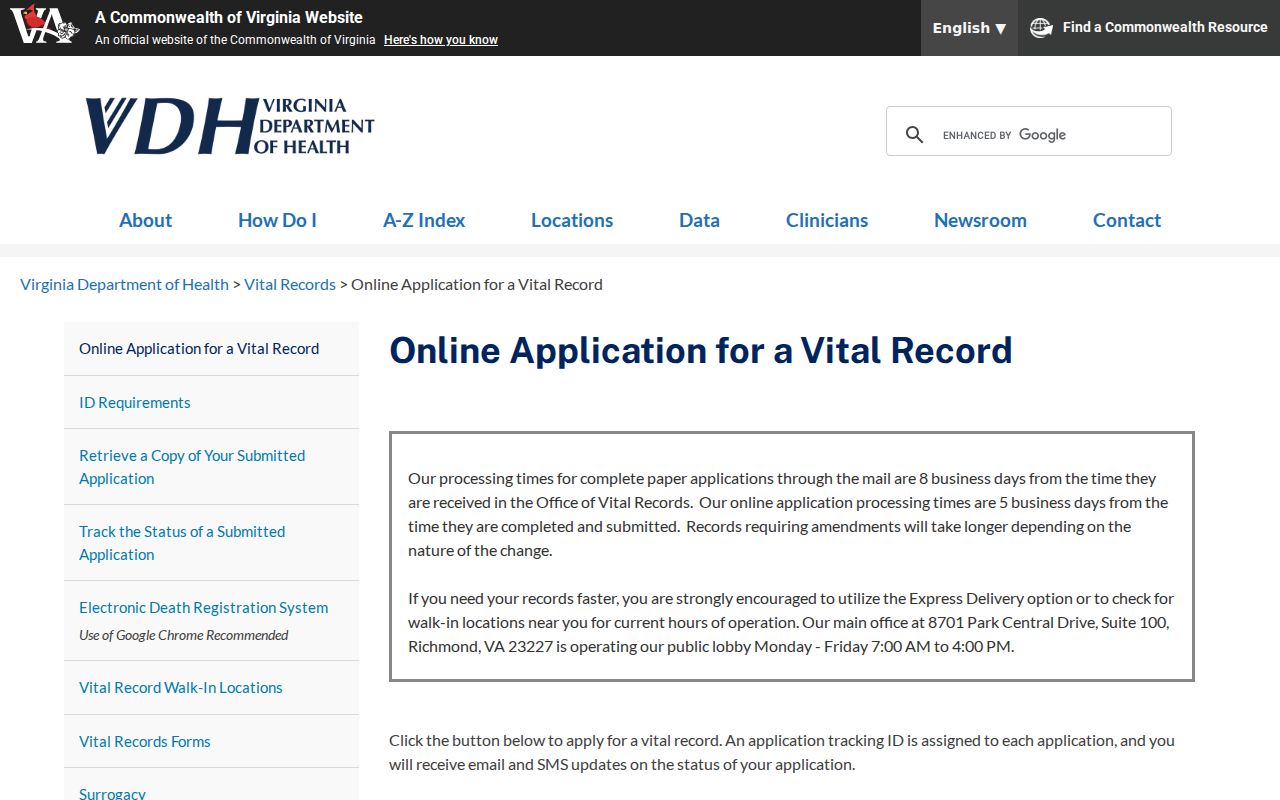 Hopewell residents directory Virginia vital-record application route
