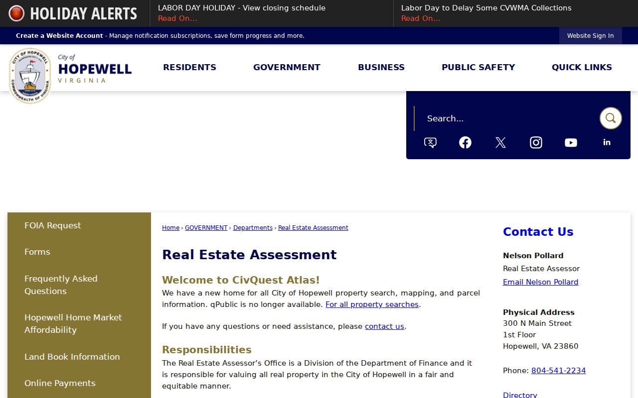 Hopewell street directory view of the Real Estate Assessment record access page